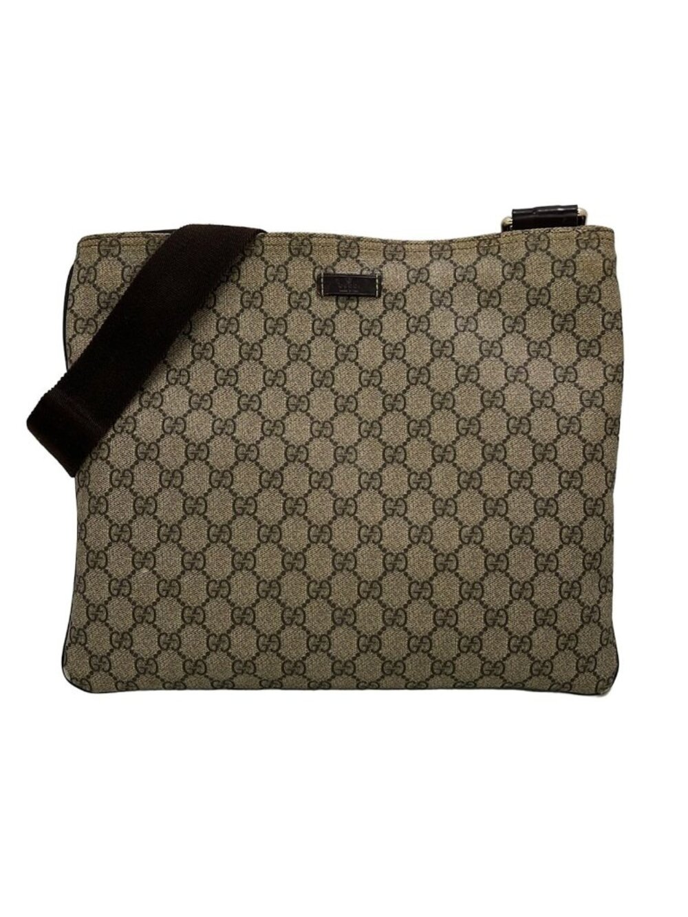 Gucci Shoulder Bag GG Plus Supreme Beige Dark Brown Leather